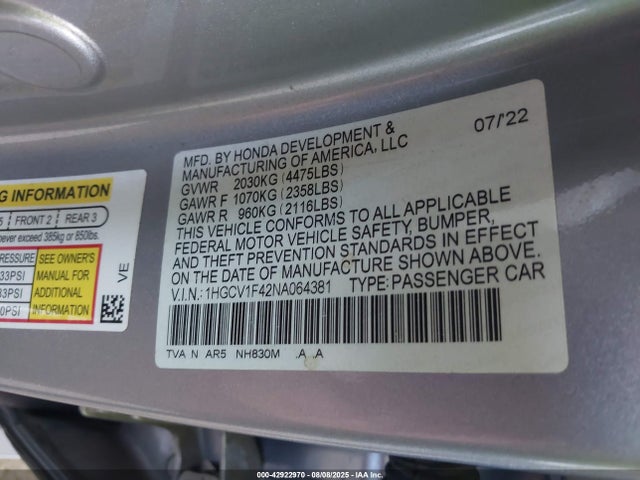 1HGCV1F42NA064381 Honda l15be