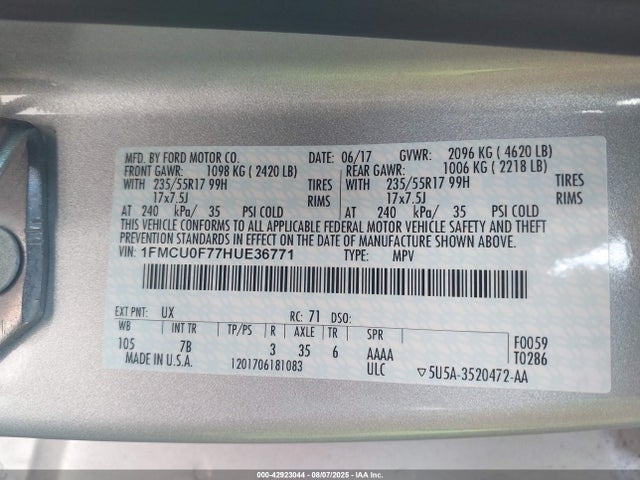 Ford 2.5l i-vct 2017 1FMCU0F77HUE36771 Image 9