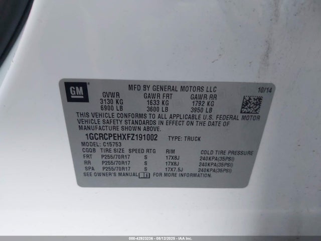 1GCRCPEHXFZ191002 Chevrolet lv3 - vvt, aluminum, e85 max