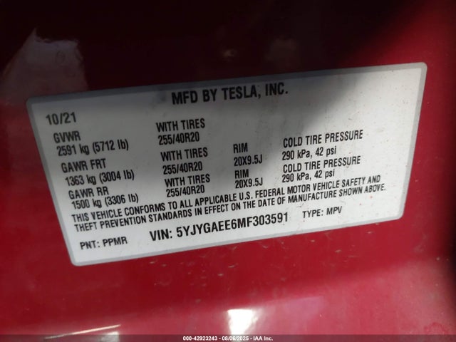 2021 TESLA MODEL Y 5YJYGAEE6MF303591 Photo 8