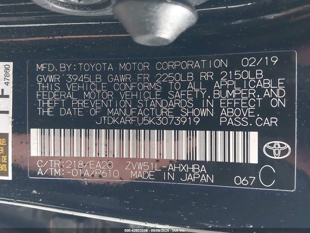 JTDKARFU5K3073919 Toyota 2zr-fxe,1nm+1mm