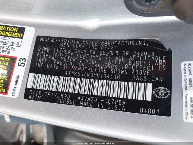 4T1K61AK0MU494416 Toyota a25a-fks