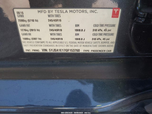 2016 TESLA MODEL S 5YJSA1E17GF153760 Photo 8