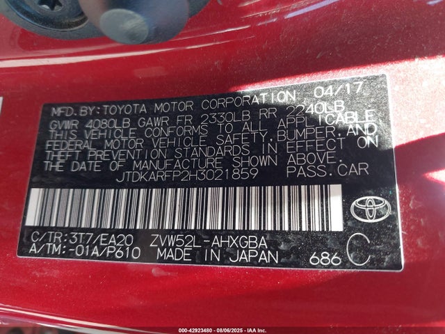 Aukcja sprzedaży 2017 Toyota Prius Prime Premium, vin: JTDKARFP2H3021859, numer aukcji: 42923480
