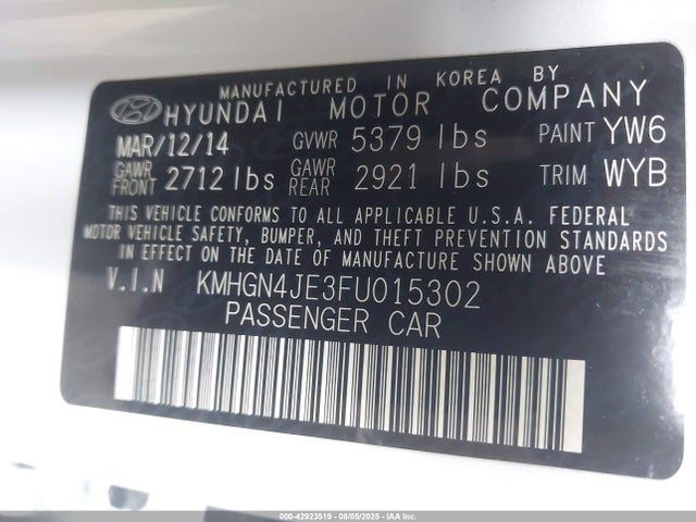 Hyundai gasoline 3.8 dohc mpi lambda 2015 KMHGN4JE3FU015302 Image 9