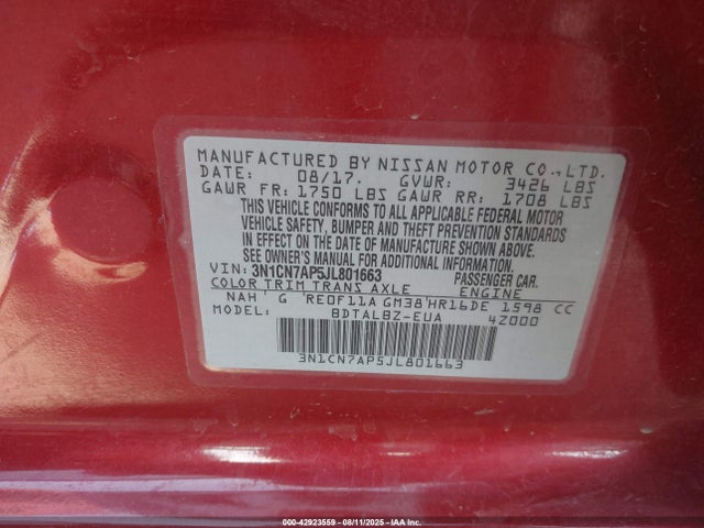 3N1CN7AP5JL801663 Nissan 2018