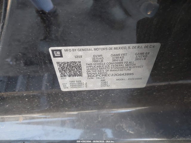 3GCPCREC2JG643895 Chevrolet l83 - sidi: spark ignited direct injection, vvt: variable valve timing, afm, e85 max, alum
