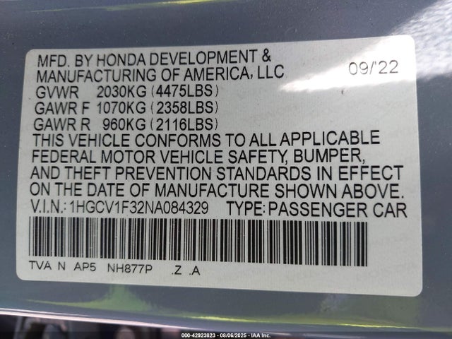 1HGCV1F32NA084329 Honda l15be