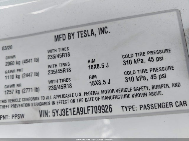 2020 TESLA MODEL 3 5YJ3E1EA9LF709926 Photo 8