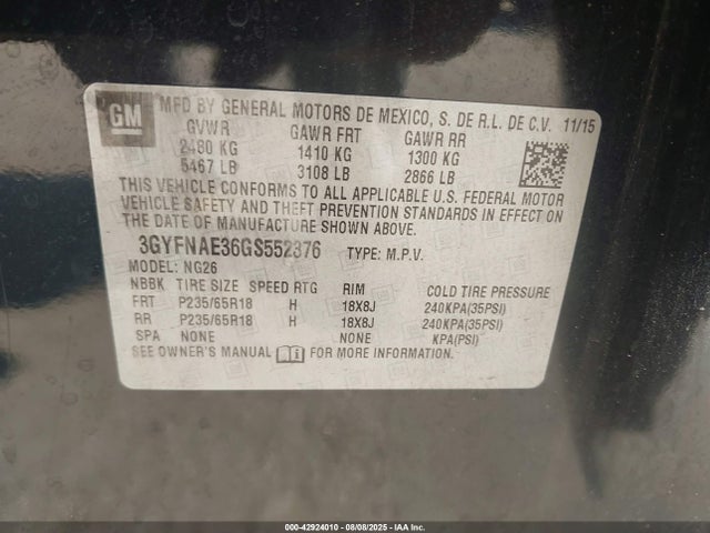 2016 CADILLAC SRX 3GYFNAE36GS552376 Photo 8