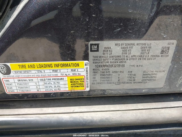 1GNKRFKD0FJ278165 Chevrolet llt