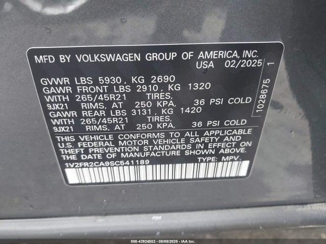Volkswagen 2.0 tsi 2025 1V2FR2CA9SC541189 Image 9