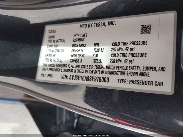 2025 TESLA MODEL 3 5YJ3E1EA8SF978000 Photo 8