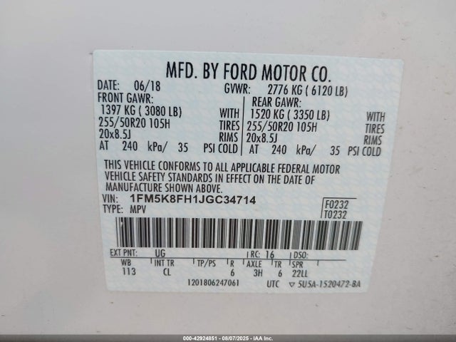 1FM5K8FH1JGC34714 Ford 2.3l gtdi