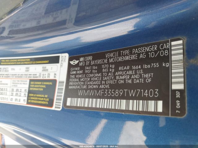 2009 MINI COOPER WMWMF33589TW71403 Photo 8