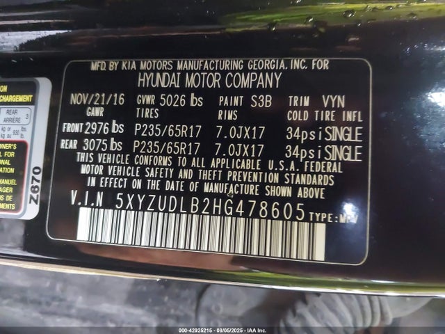 5XYZUDLB2HG478605 Hyundai gdi theta ii