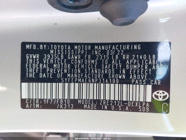 Toyota 2zr-fae 2022 5YFEPMAE6NP314199 Image 9