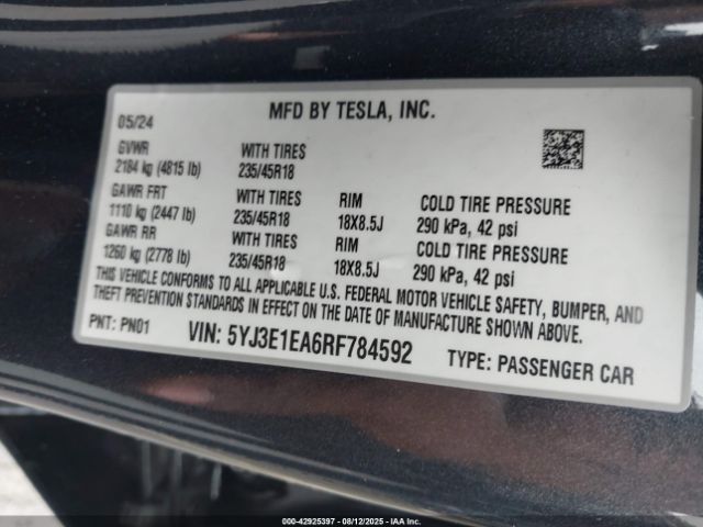 2024 TESLA MODEL 3 5YJ3E1EA6RF784592 Photo 8