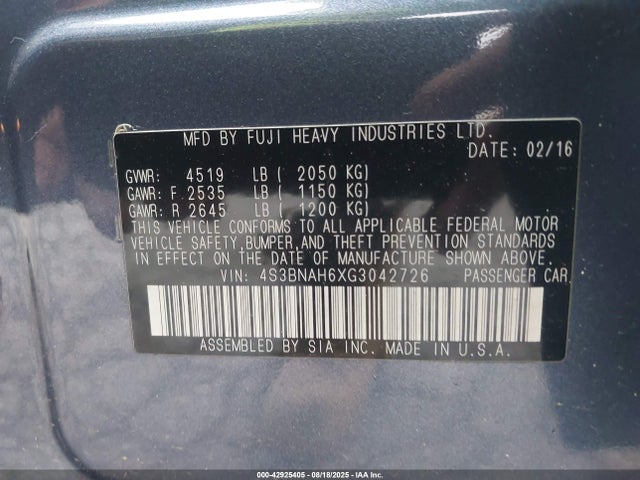 4S3BNAH6XG3042726 Subaru 2.5l u5