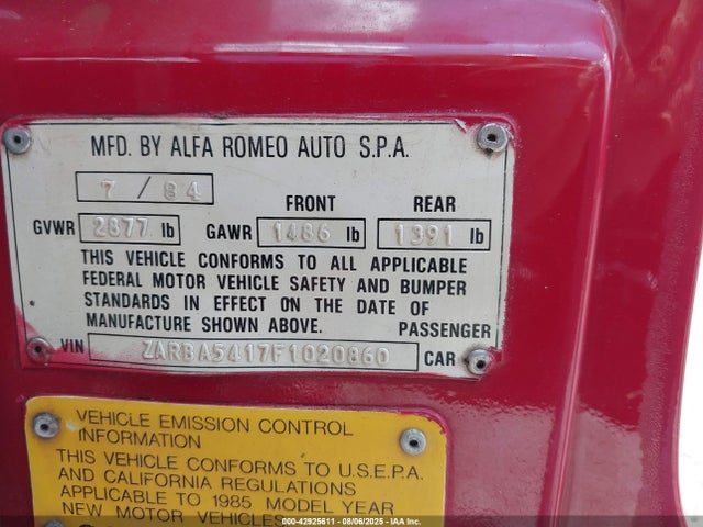 Aukcja sprzedaży 1985 Alfa Romeo Veloce 2000 Spider, vin: ZARBA5417F1020860, numer aukcji: 42925611
