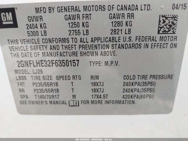 Chevrolet lfx - sidi, vvt, e85 max, alum 2015 2GNFLHE32F6350157 Image 9