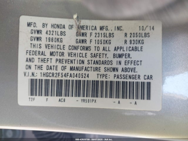 Honda k24w1 2015 1HGCR2F54FA040524 Image 9