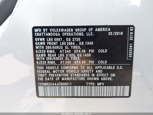 Volkswagen Atlas 2018 1V2MR2CA4JC558911 Image 9