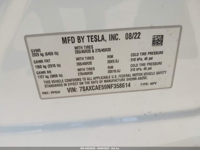 2022 TESLA MODEL X 7SAXCAE59NF358614 Photo 8