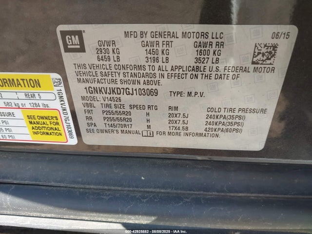 1GNKVJKD7GJ103069 Chevrolet llt - sidi, alum, 60 degrees