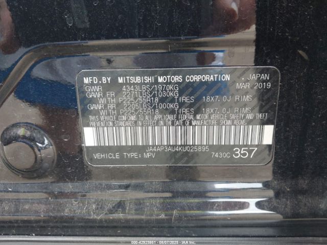 2019 MITSUBISHI OUTLANDER SPORT JA4AP3AU4KU025895 Photo 8