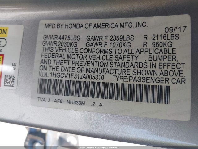 1HGCV1F31JA005310 Honda l15be