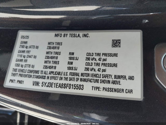 2025 TESLA MODEL 3 5YJ3E1EA8SF015503 Photo 8