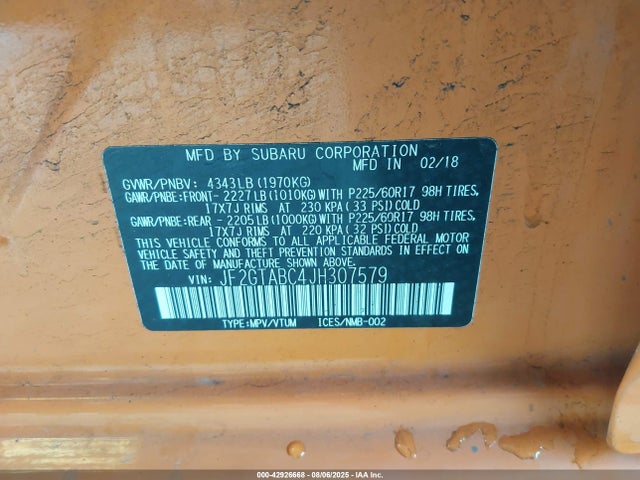 Subaru naturally aspirated 2018 JF2GTABC4JH307579 Image 9