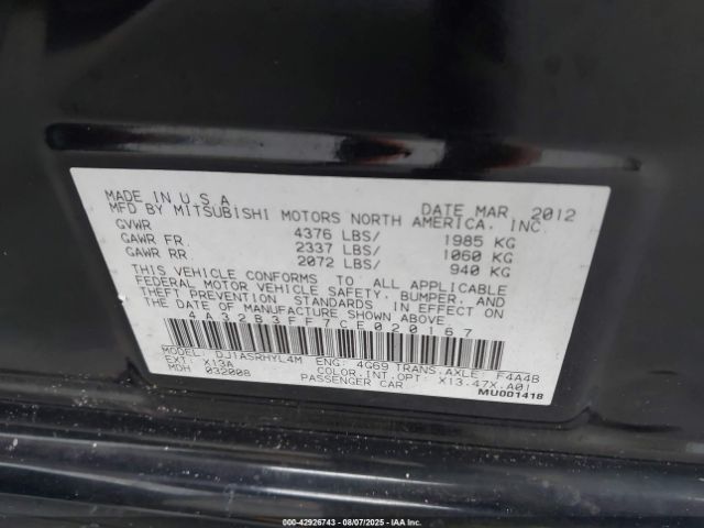 2012 MITSUBISHI GALANT 4A32B3FF7CE020167 Photo 8