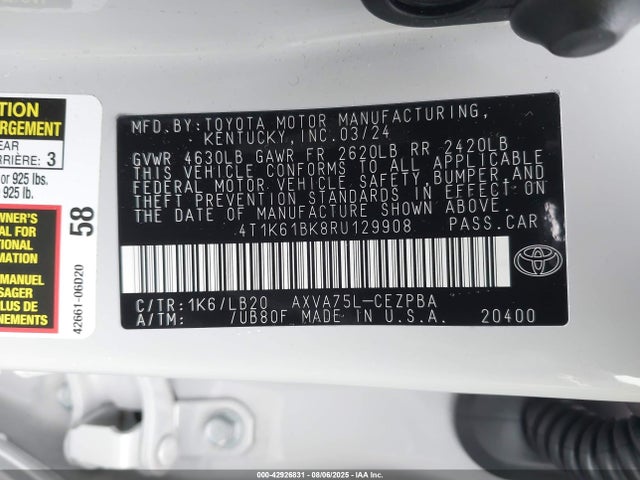 4T1K61BK8RU129908 Toyota a25a-fks