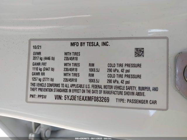 2021 TESLA MODEL 3 5YJ3E1EAXMF083269 Photo 8