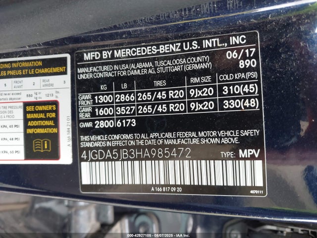 Mercedes-Benz m276 2017 4JGDA5JB3HA985472 Image 9