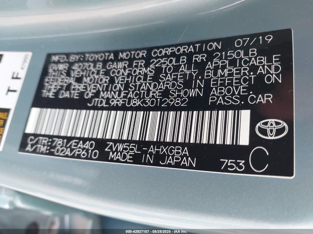 JTDL9RFU8K3012982 Toyota 2zr-fxe,1nm