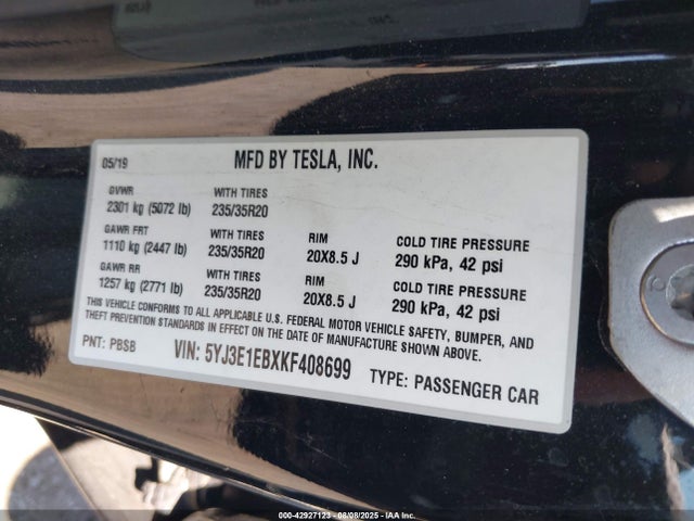 Продажа на аукционе авто 2019 Tesla Model 3 Long Range/performance, vin: 5YJ3E1EBXKF408699, номер лота: 42927123