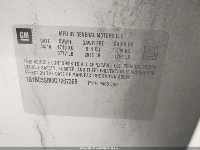 1G1BC5SM9G7267368 Chevrolet le2 - di: direct injection, alum, vvt, gen i, gmna