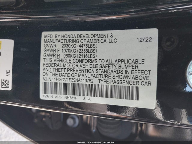 1HGCV1F39NA113762 Honda l15be
