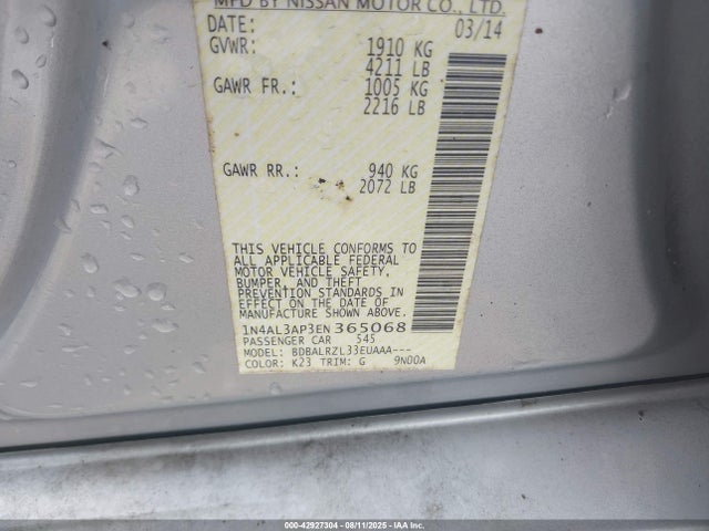 2014 Nissan Altima 2.5 S მანქანა იყიდება აუქციონზე, vin: 1N4AL3AP3EN365068, აუქციონის ნომერი: 42927304