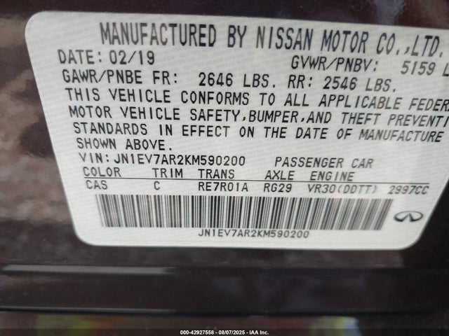Aukcja sprzedaży 2019 Infiniti Q50 3.0t Luxe, vin: JN1EV7AR2KM590200, numer aukcji: 42927558