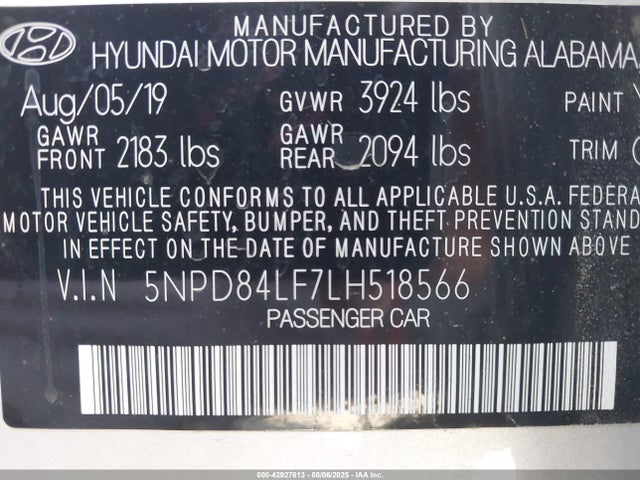 5NPD84LF7LH518566 Hyundai mpi nu