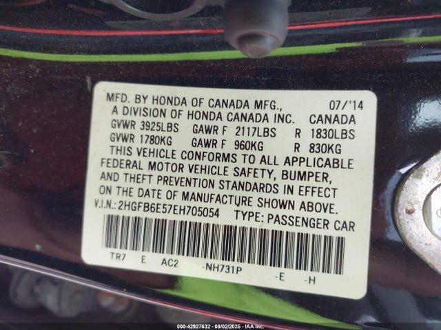 Honda k24z7 2014 2HGFB6E57EH705054 Image 9