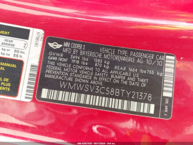 2011 MINI COOPER S WMWSV3C58BTY21378 Photo 8