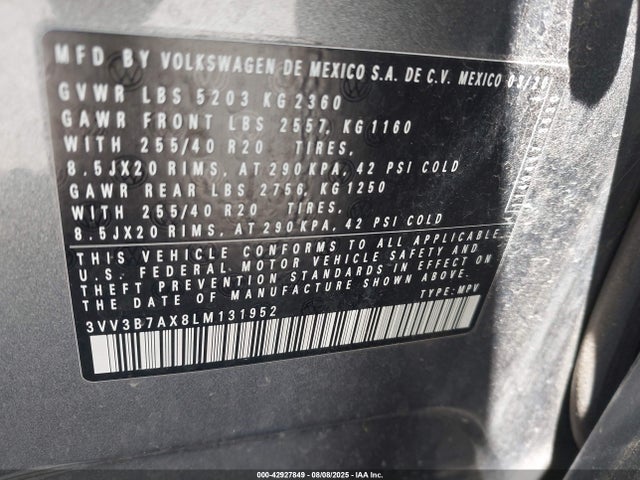 3VV3B7AX8LM131952 Volkswagen 2020