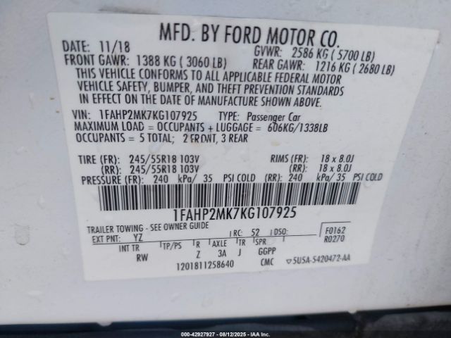 2019 FORD POLICE INTERCEPTOR 1FAHP2MK7KG107925 Photo 8