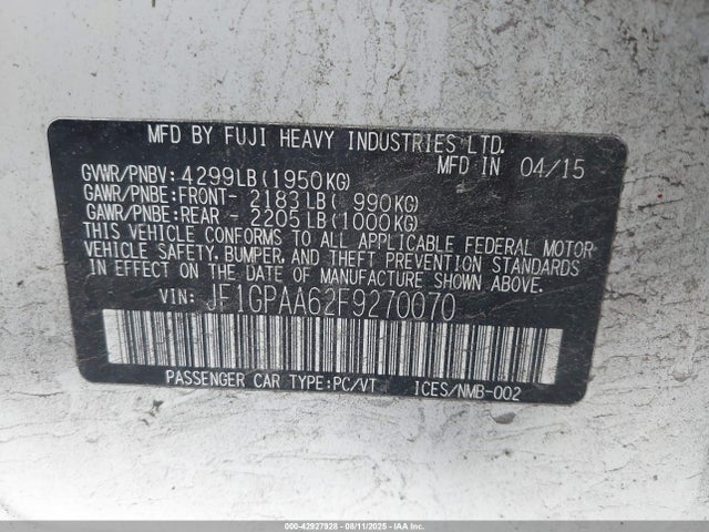 Subaru 2.0l na 2015 JF1GPAA62F9270070 Image 9