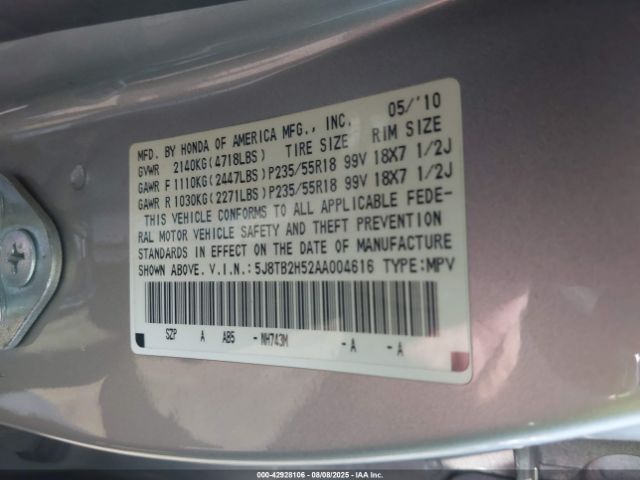 2010 ACURA RDX 5J8TB2H52AA004616 Photo 8
